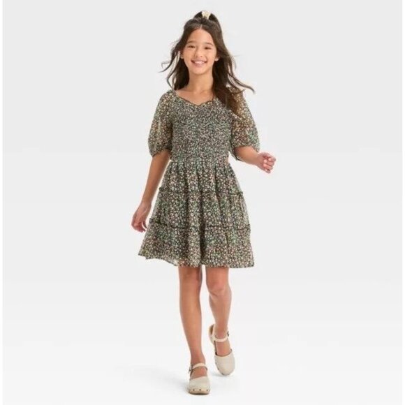 NEW Art Class Girls Smocked Bodice Cut Out Chiffon Dress Black Floral Size Small - Picture 1 of 8
